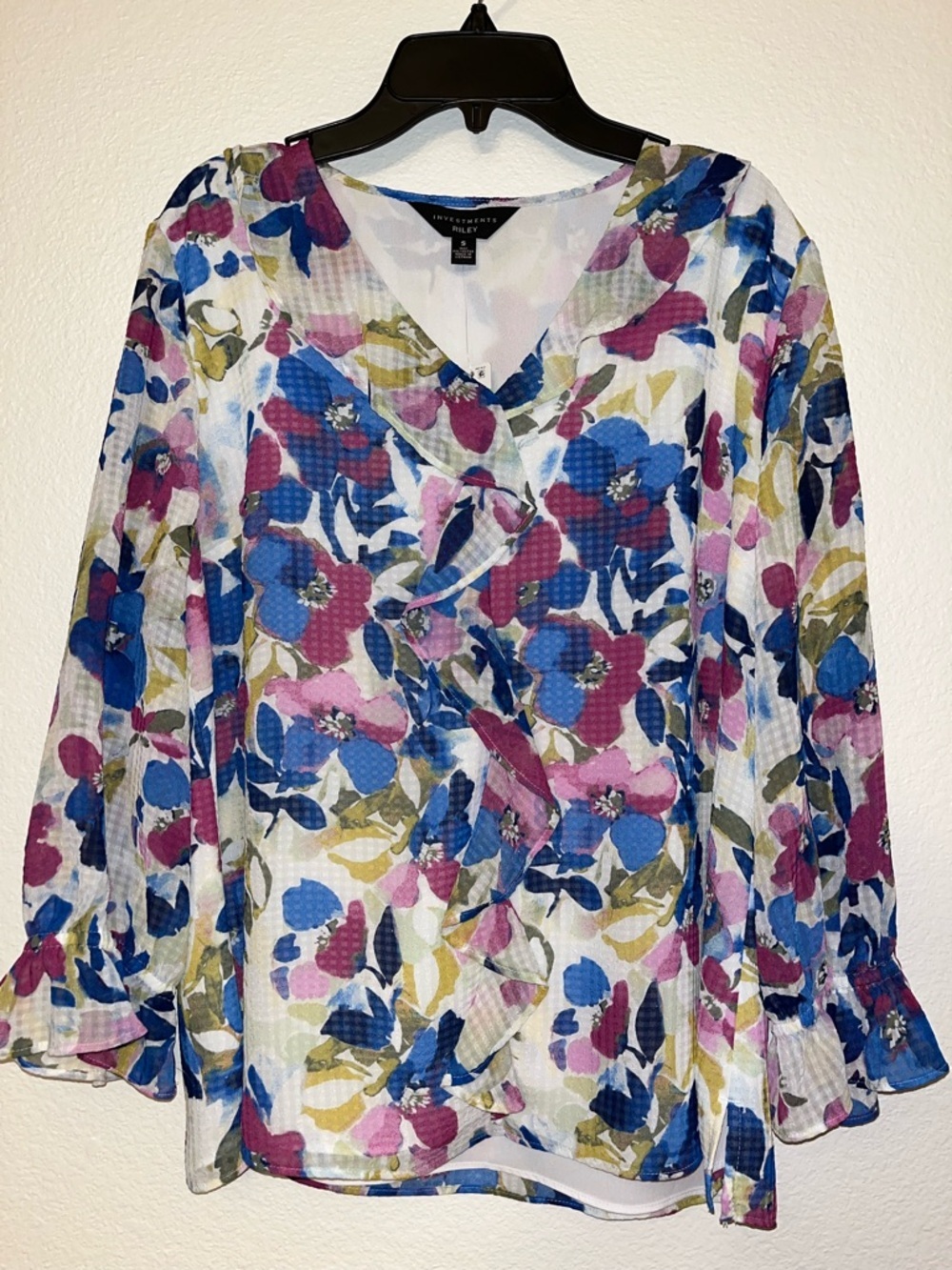 Investments Blue, Pink & Green Floral V-Neck Ruffle Blouse
